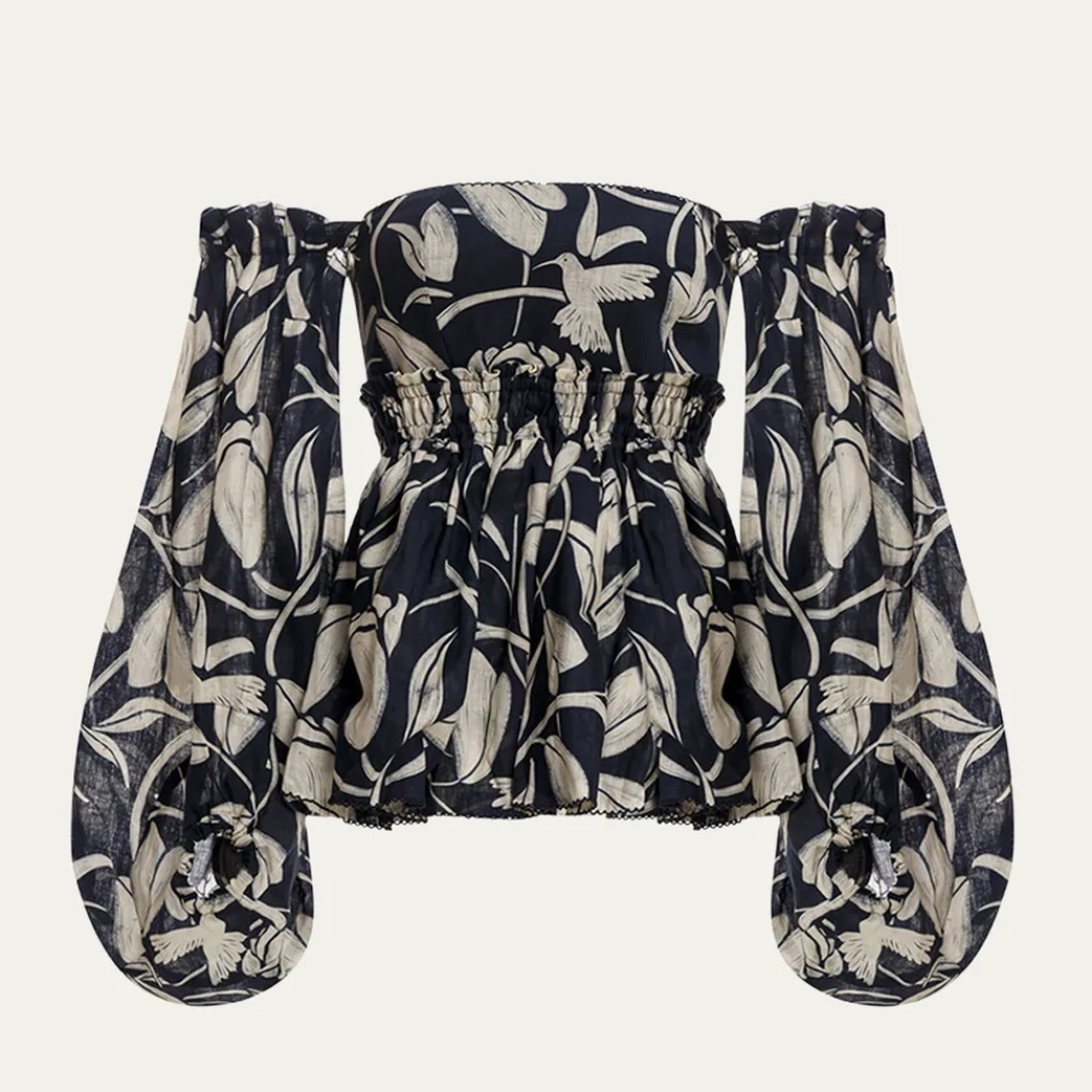 AGUA BY AGUA BENDITA Jamaica Off-Shoulder Printed Linen Peplum Top